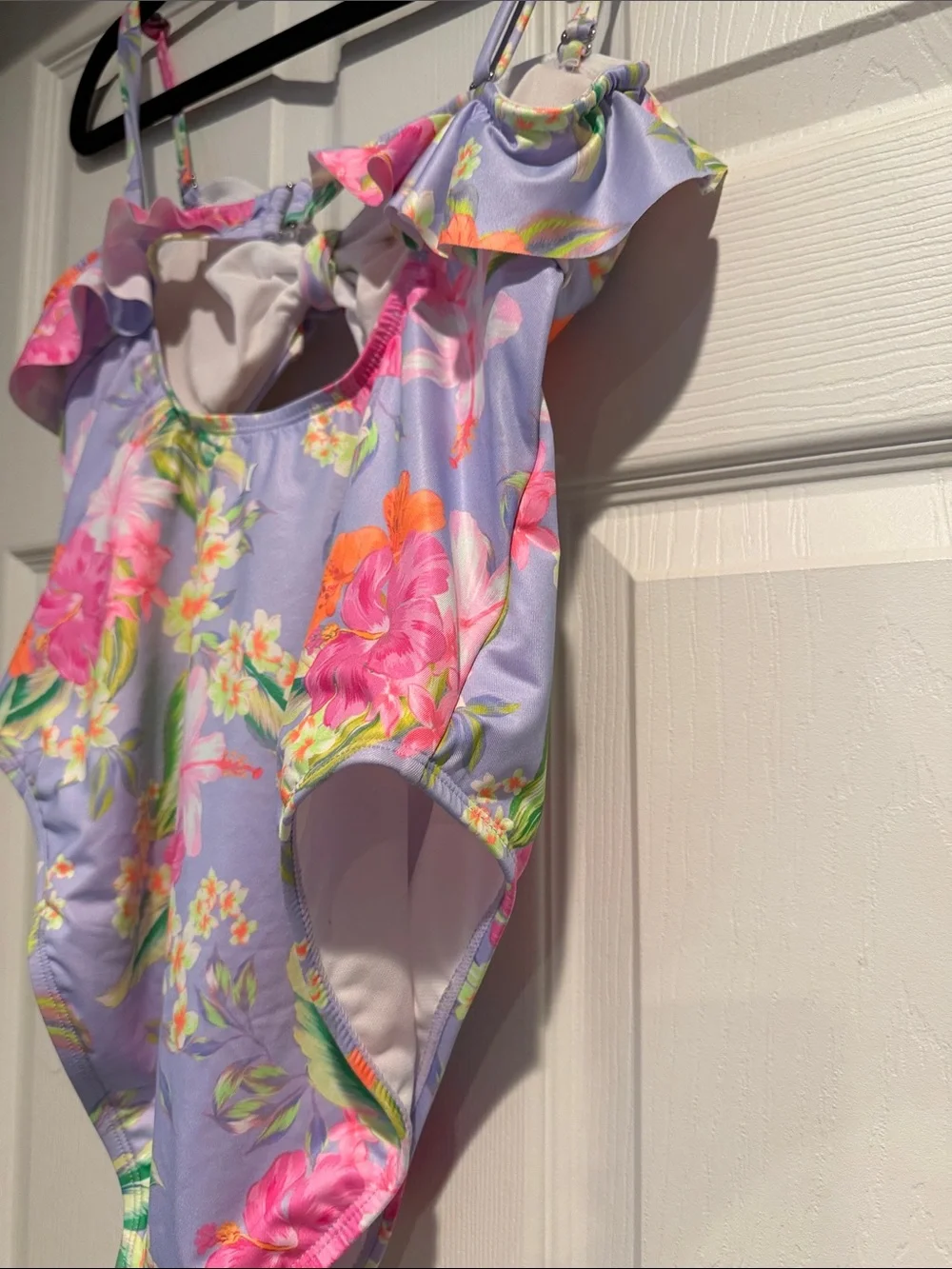 Hurley Lavender Floral Ruffle One-Piece Swimsuit with Pink & Orange Blooms